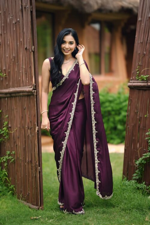 Wine-Colored Rangoli Ivory Lace Embroidery Ready To Wear Saree With Unstitched Blouse