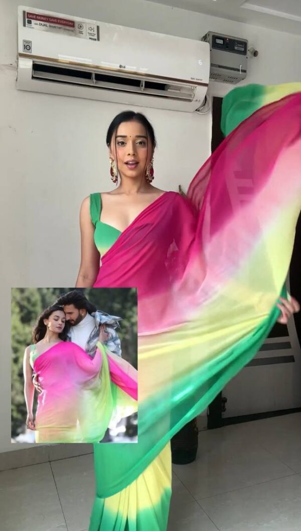 Pink, Yellow, And Green Omber Pattern Georgette Ready To Wear Saree With Unstitched Blouse - Image 4
