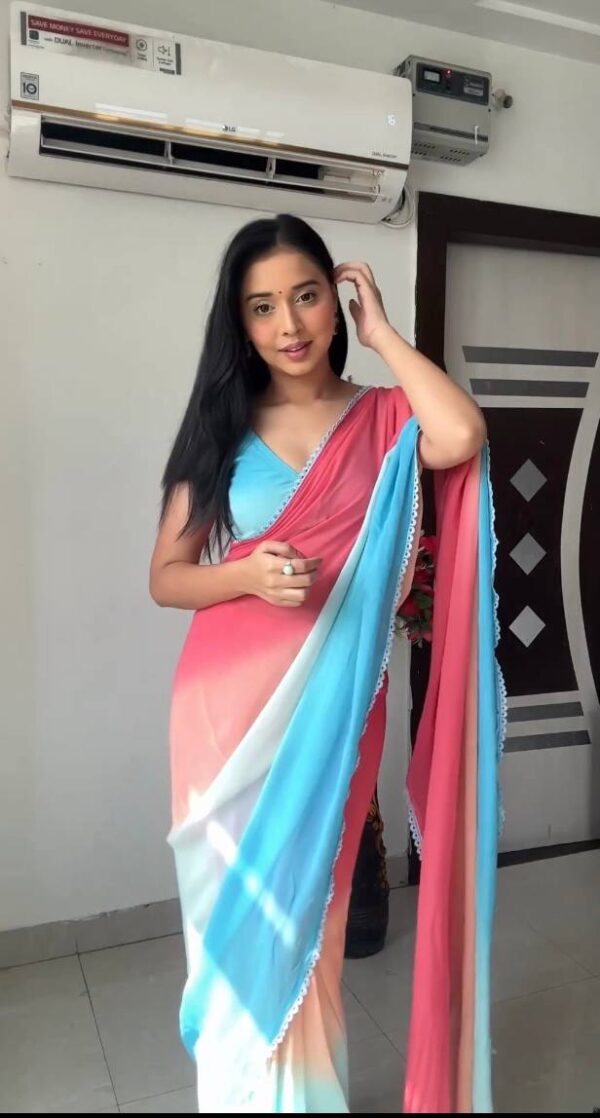Pink, Olive Green, Aqua Blue, And Purple Omber Pattern Georgette Ready To Wear Saree With Unstitched Blouse - Image 6