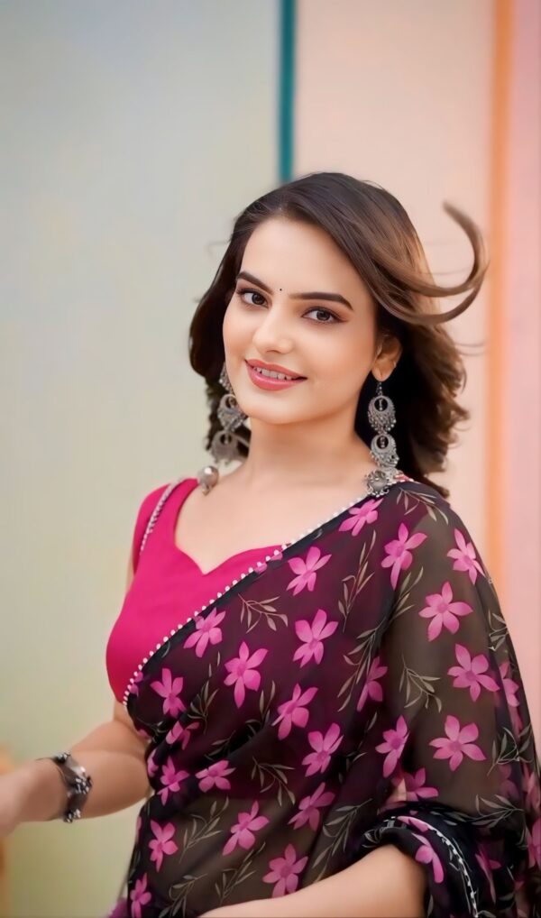 Black ink Floral Prints And Border Georgette Ready To Wear Saree With Unstitched Blouse - Image 7
