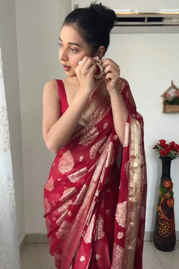 Maroon-red Hue banarasi silver zari motifs saree Ready To Wear Saree With Unstitched Blouse - Image 5