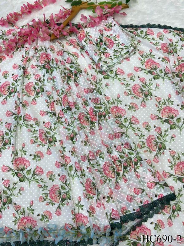 White,Pink And Green Floral Print Georgette Ready To Wear Saree With Unstitched Blouse - Image 5