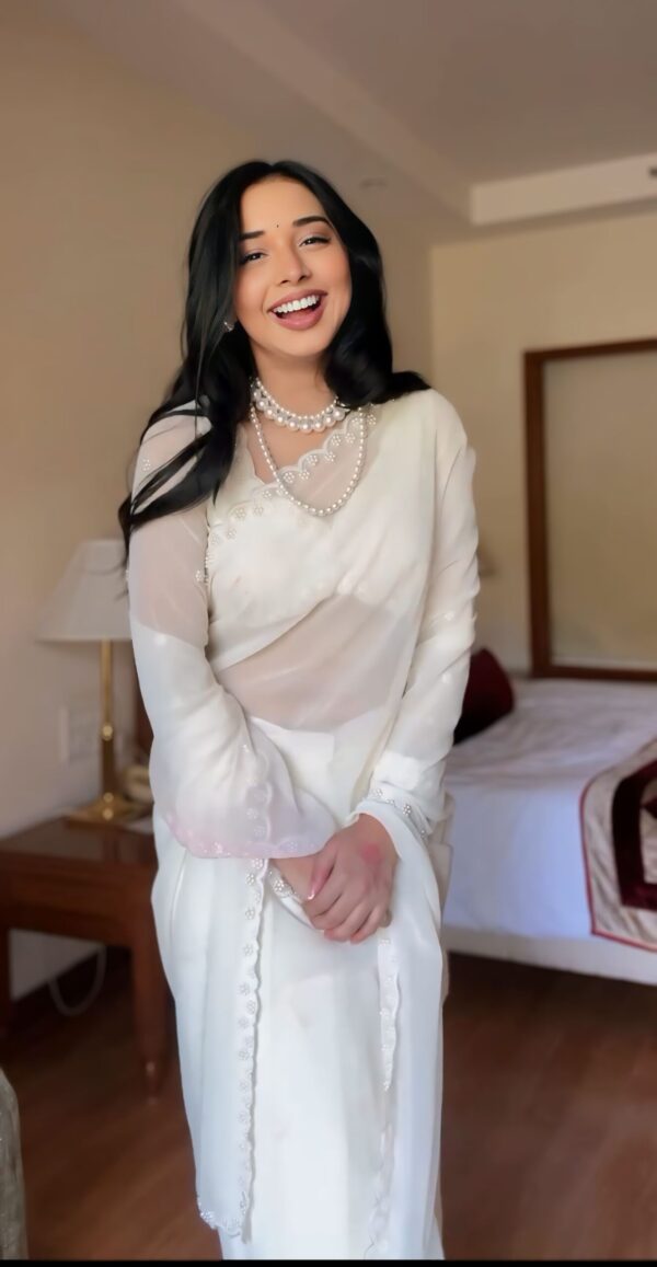 Pure White GeorgetteEmbroidered Scallop Lace On The Borders Georgette Ready To Wear Saree With Unstitched Blouse - Image 6