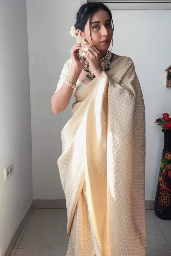 Cream Color Banarasi Silk Silver Zari Weaving And Traditional Motifs Ready To Wear Saree With Unstitched Blouse - Image 5