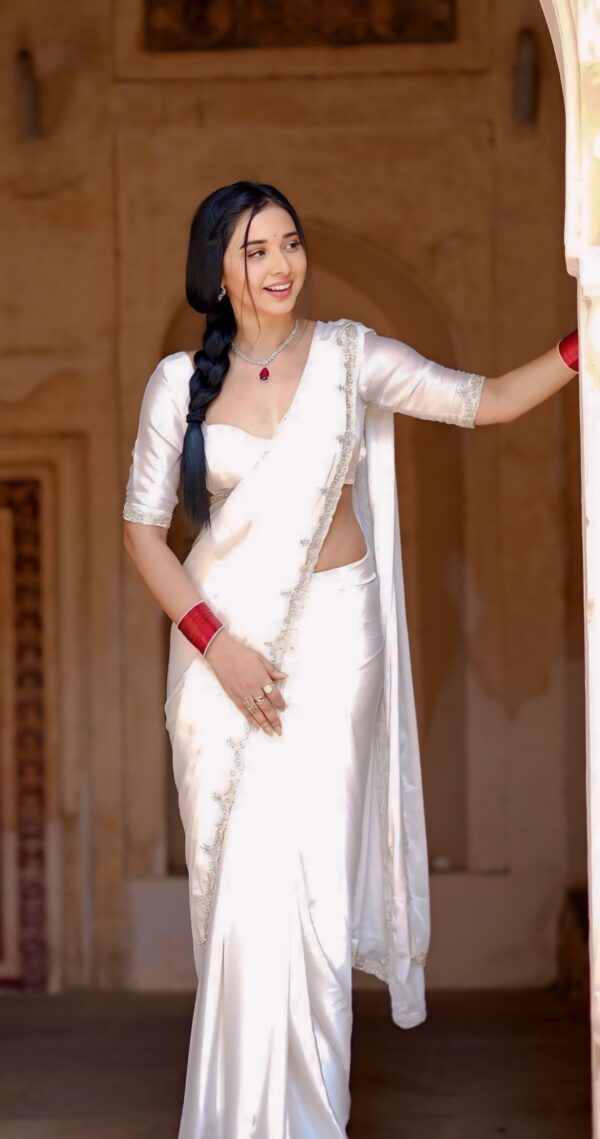 Pure White Rangoli Ivory Lace Embroidery Ready To Wear Saree With Unstitched Blouse - Image 5
