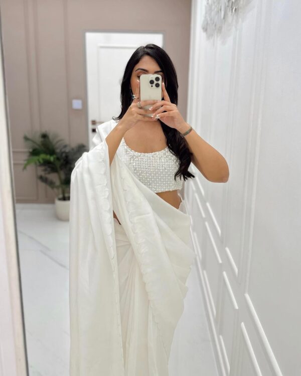 White Rangoli Silk With Scalloped Borders Ready To Wear Saree With Unstitched Sequin-Embroidered Blouse - Image 5
