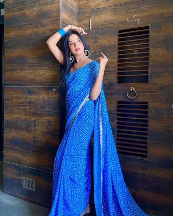 Blue Georgette Bandhani-style Geometric Print Ready To Wear Saree With Unstitched Blouse - Image 6