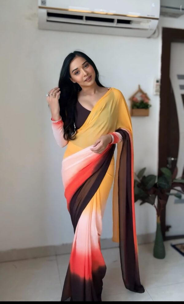 Yellow, Red, Peach, And Brown Shades Georgette ombre design Ready To Wear Saree With Unstitched Blouse - Image 6