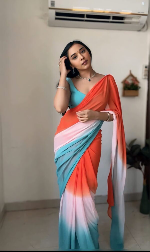 Aqua Blue, Coral Orange, And Soft White Georgette ombre design Ready To Wear Saree With Unstitched Blouse - Image 5