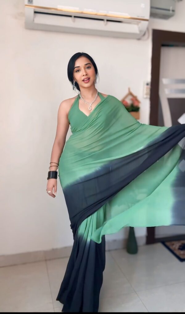 Green To Black Ombre Effect Georgette Ready To Wear Saree With Unstitched Blouse - Image 5