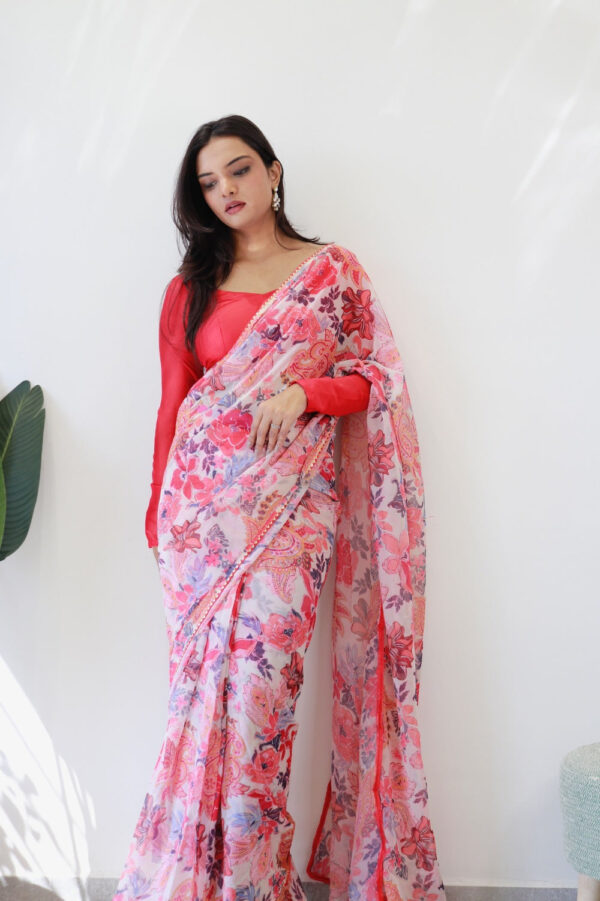 Light Pink And Multicolor Floral And Paisley Print Georgette Ready To Wear Saree With Unstitched Blouse - Image 5