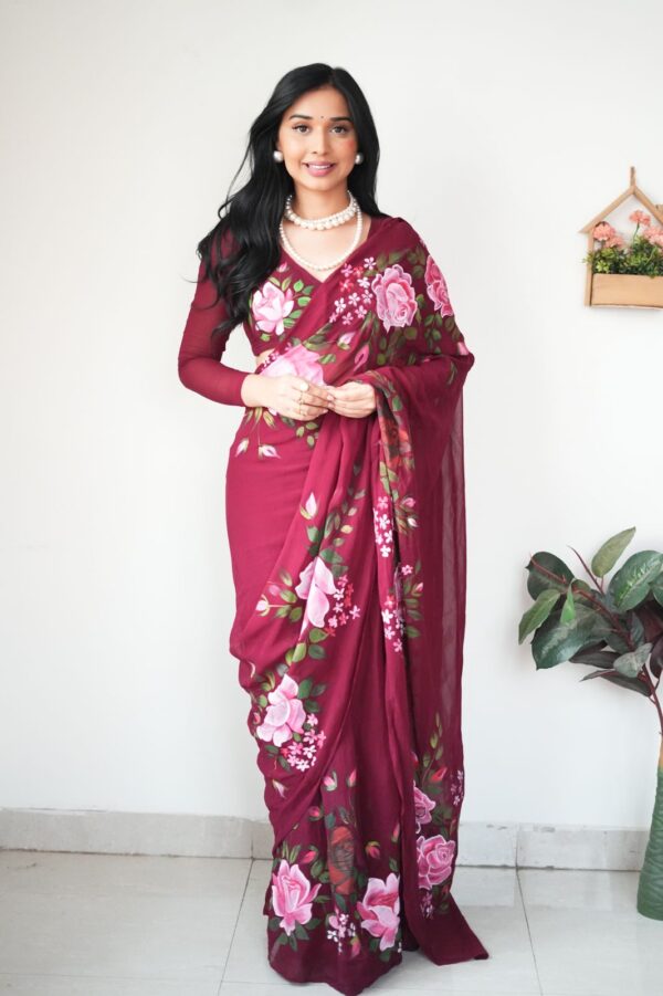 Maroon And Hand-painted-style Floral Prints Organza Ready To Wear Saree With Unstitched Blous - Image 5