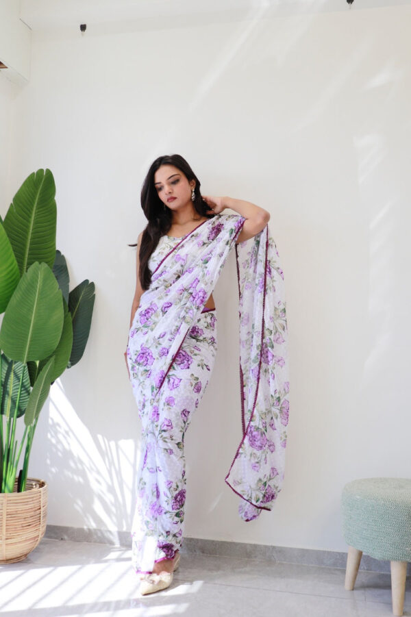 White And Light Purple Floral Prints With A Subtle Polka Dot Base Georgette Ready To Wear Saree With Unstitched Blouse - Image 5