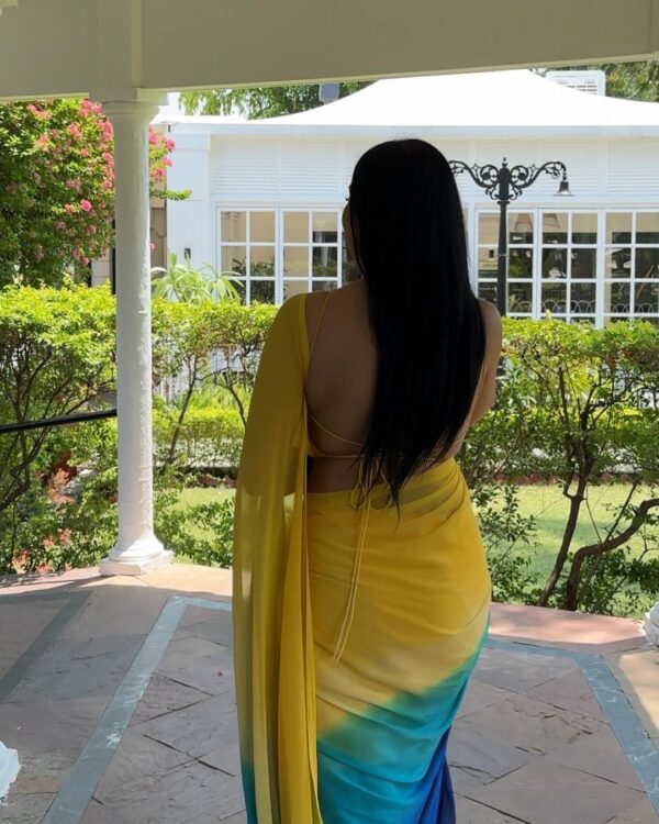 Yellow, Green, And Blue Shades Ombre Gradient Georgette Ready To Wear Saree With Unstitched Blouse - Image 4