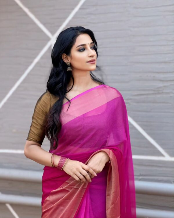 Rani Pink Base Small Shiny Golden Border Chiffon Ready To Wear Saree With Unstitched Blouse - Image 3