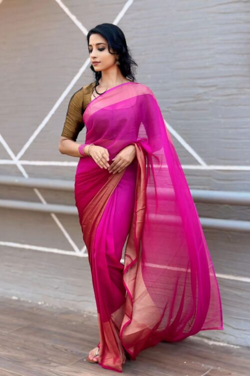 Rani Pink Base Small Shiny Golden Border Chiffon Ready To Wear Saree With Unstitched Blouse