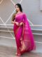 Rani Pink Base Small Shiny Golden Border Chiffon Ready To Wear Saree With Unstitched Blouse