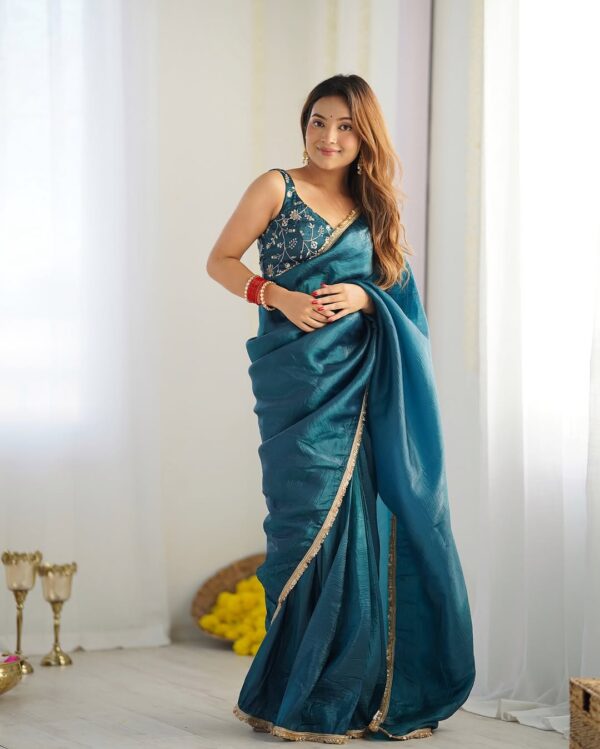 Teal Rama Gold Crush Saree With Golden Border Ready To Wear Saree With Embroidered Blouse Stitched - Image 6