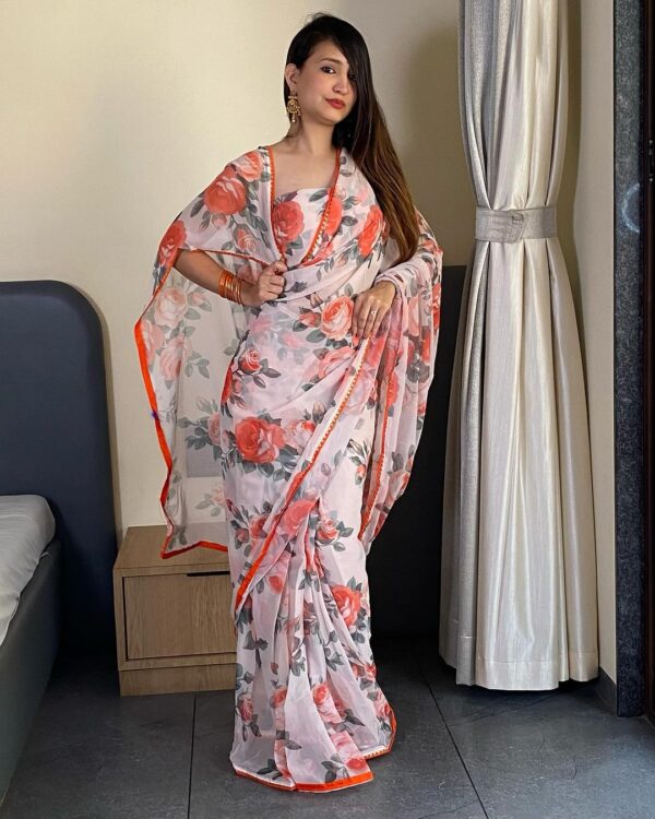 Light White Peach And Grey Rose Floral Prints Georgette Ready To Wear Saree With Unstitched Blouse - Image 5