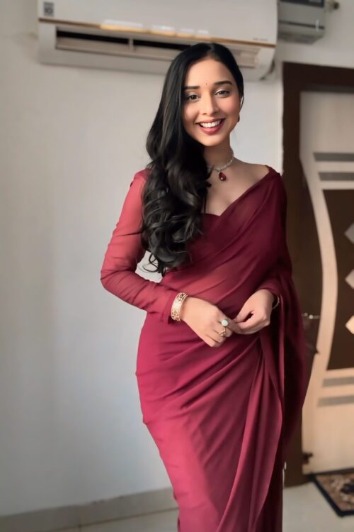Wine Color, Plain Elegant  Georgette Ready To Wear Saree With Unstitched Blouse