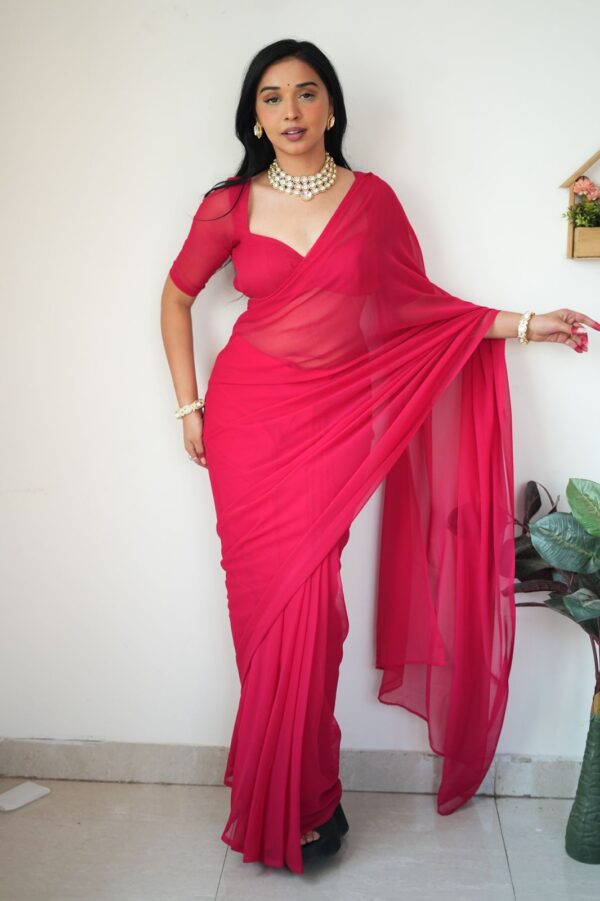 Red And Pink ,Omber Print Georgette Ready To Wear Saree With Unstitched Blouse - Image 5