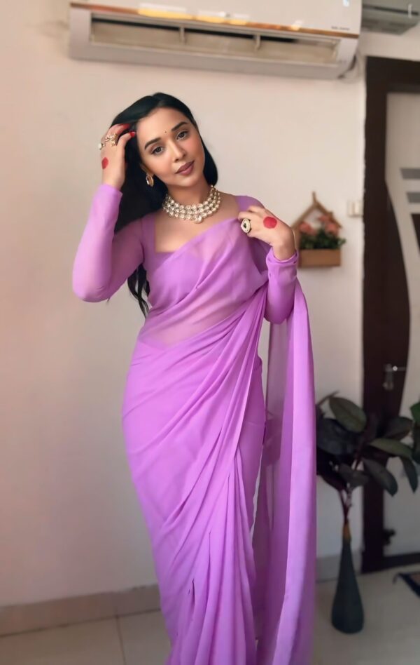 Lavender Color,Plain Elegant Georgette Ready To Wear Saree With Unstitched Blouse - Image 4