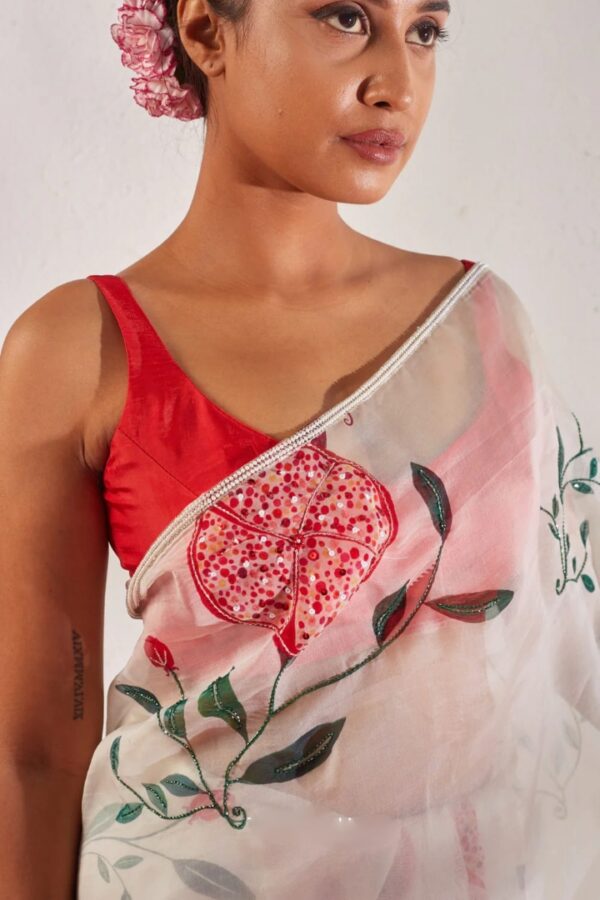 Cream Color Organza Saree Botanical Print Design Ready To Wear Saree With Stitched Blouse - Image 6