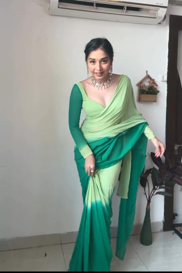 Light Green And Dark Green Color Ombre Saree Georgette Ready To Wear Saree With Unstitched Blouse - Image 5