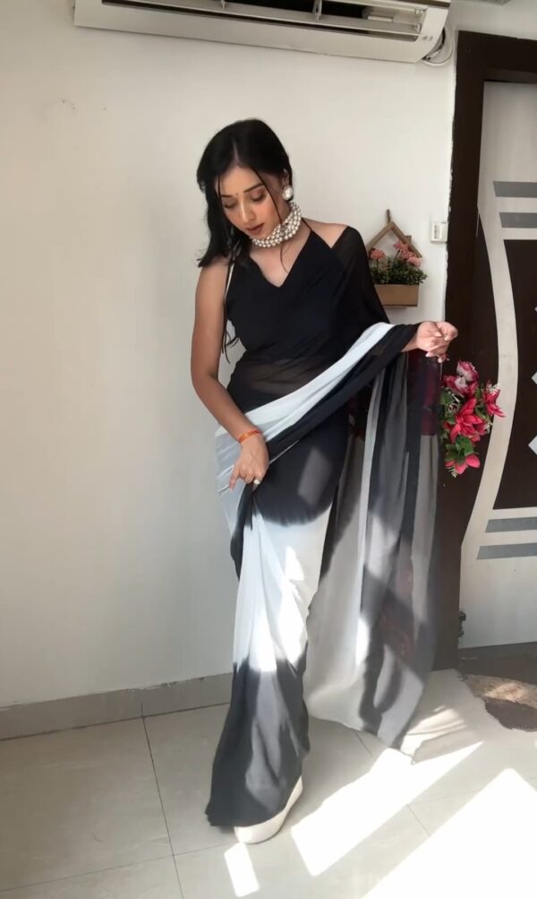 Black And White Omber paint Georgette Ready To Wear Saree With Unstitched Blouse - Image 6