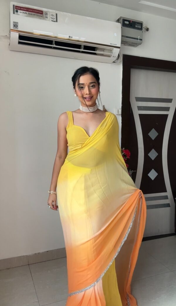 Lemon Yellow To Orange Ombré Shades Georgette Ready To Wear Saree With Unstitched Blouse - Image 5
