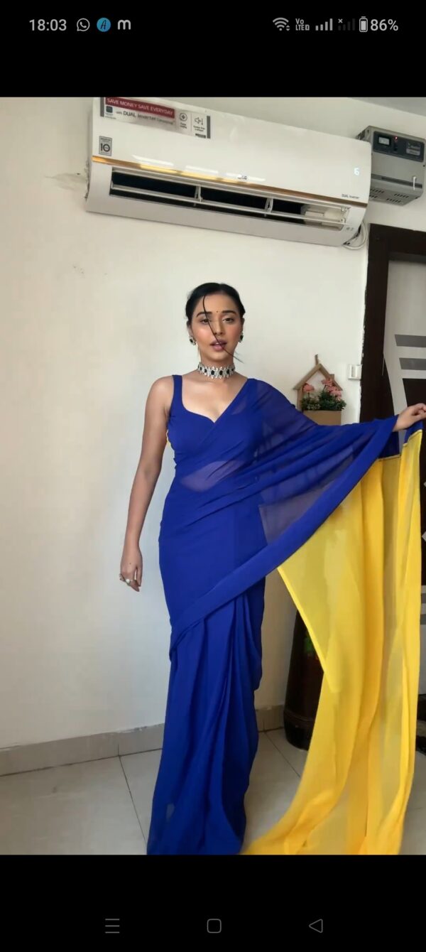 Royal Blue And Yellow Omber Pattern Georgette Ready To Wear Saree With Unstitched Blouse - Image 5
