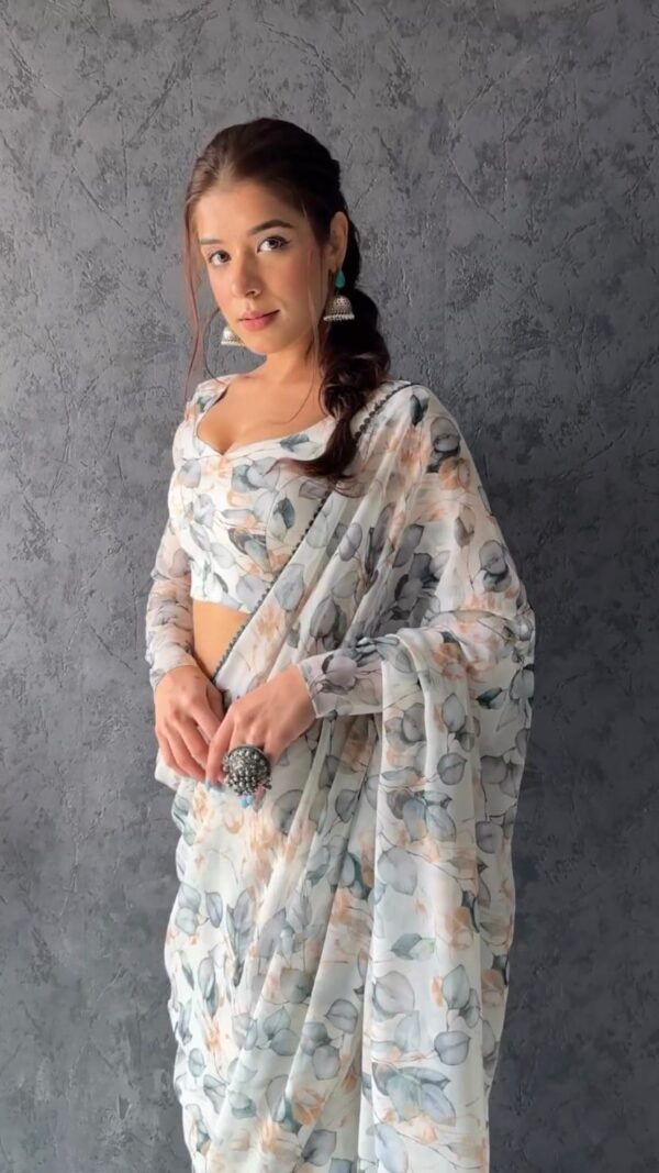 Blue, Grey, And Beige Omber Pattern Georgette Ready To Wear Saree With Unstitched Blouse - Image 6