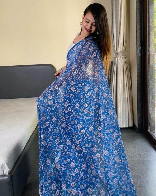 Navy Blue And Multi-color Floral Prints Georgette Ready To Wear Saree With Unstitched Blouse - Image 4
