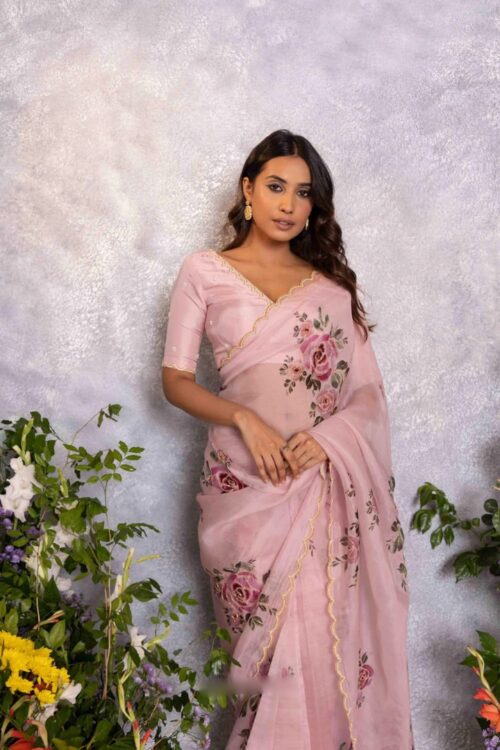Pink Color Organza Saree Botanical Print Scalloped Golden Border Design Ready To Wear Saree With Stitched Blouse