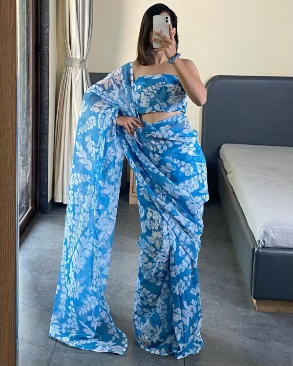 Light Blue And Light Blue Georgette Ready To Wear Saree With Unstitched Blouse - Image 4