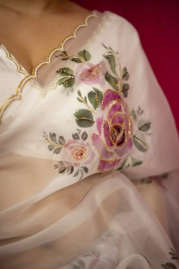 White Color Organza Saree Botanical Print Scalloped Golden Border Design Ready To Wear Saree With Stitched Blouse - Image 6