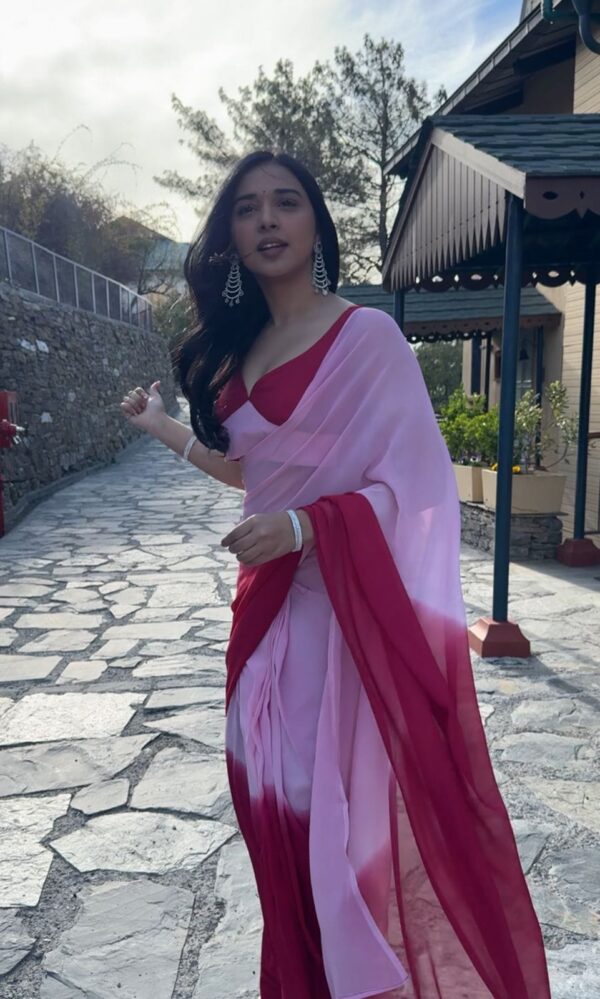Baby Pink And Red Omber Print Georgette Ready To Wear Saree With Unstitched Blouse - Image 4