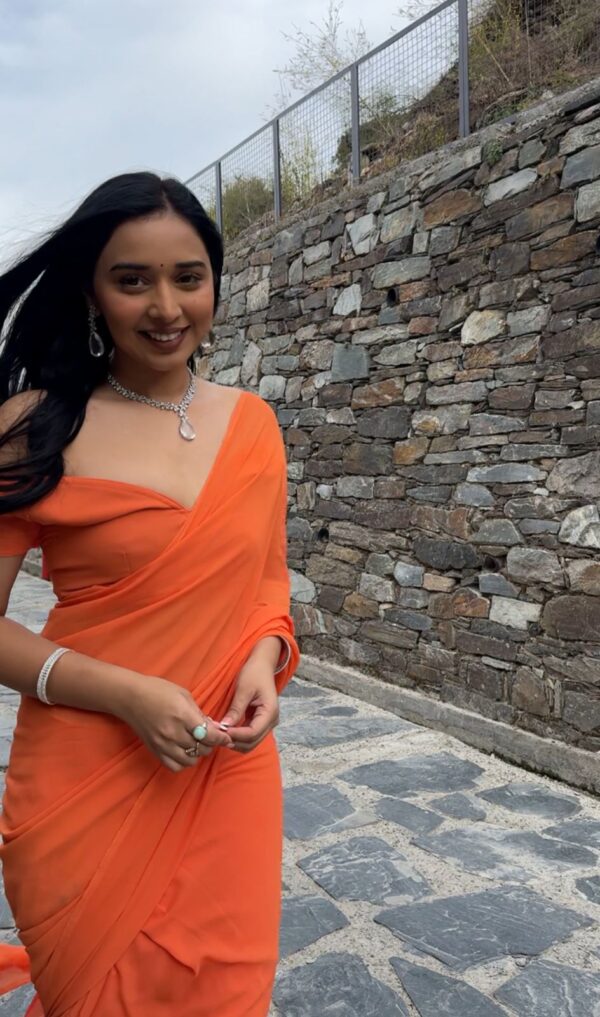 Orange Color, Plain Elegant  Georgette Ready To Wear Saree With Unstitched Blouse - Image 4