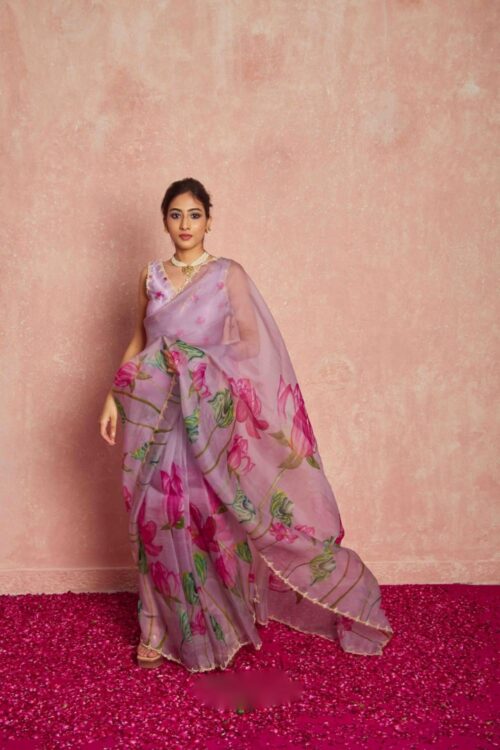 Lavender Color Organza Hand-painted Lotus Motifs In Pink And Green Ready To Wear Saree With Stitched Blouse