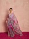 Lavender Color Organza Hand-painted Lotus Motifs In Pink And Green Ready To Wear Saree With Stitched Blouse