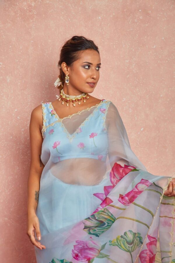 Sky Blue Color Organza Vibrant Multi-colored Lotus Prints Ready To Wear Saree With Stitched Blouse - Image 7