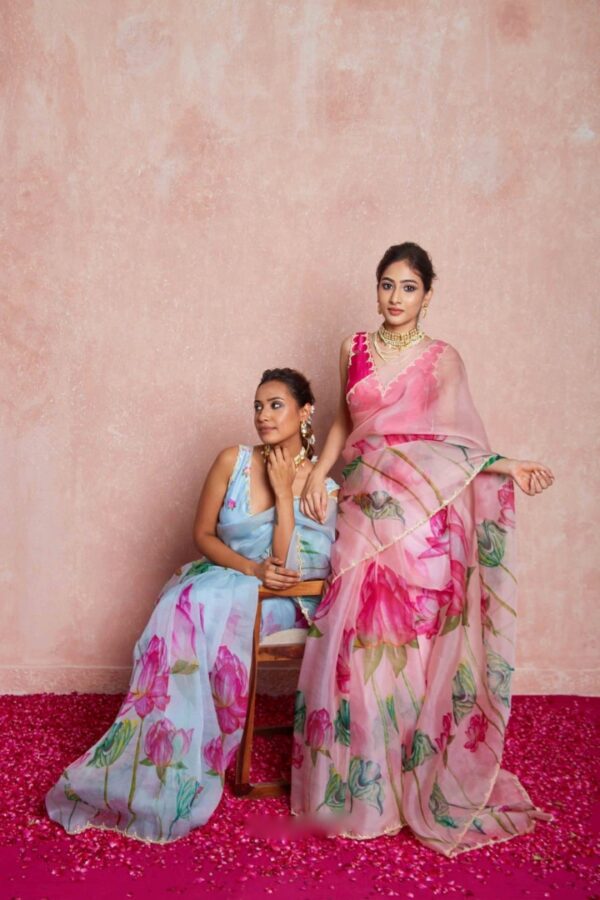 Blush Pink Color Organza Vibrant Lotus Floral Prints Ready To Wear Saree With Stitched Blouse - Image 4