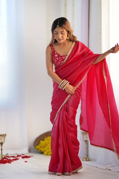 Rani Pink Gold Crush Saree With Golden Border Ready To Wear Saree With Embroidered Blouse Stitched