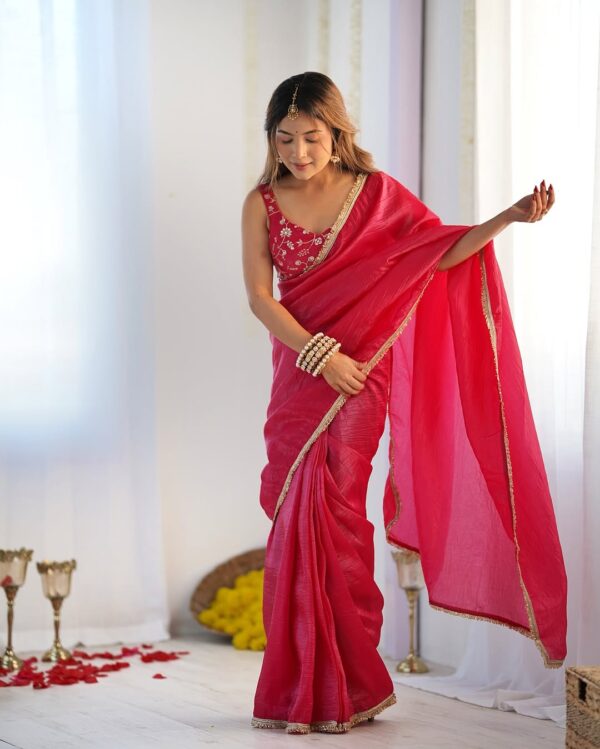 Rani Pink Gold Crush Saree With Golden Border Ready To Wear Saree With Embroidered Blouse Stitched