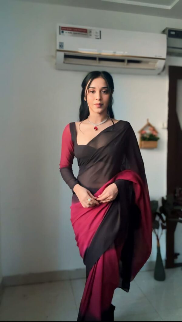 Maroon And Black Color Ombre Saree,Flowy Drape Georgette Ready To Wear Saree With Unstitched Blouse - Image 4