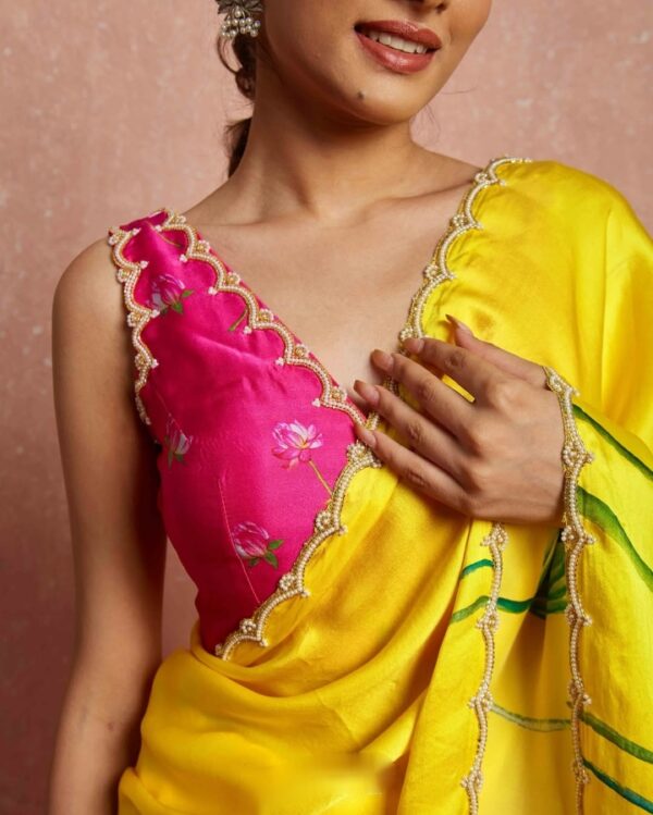 Yellow Color Satin Vibrant Lotus Floral Prints Ready To Wear Saree With Stitched Blouse - Image 6