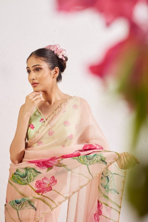 Peach Color Organza Vibrant Lotus Floral Prints Ready To Wear Saree With Stitched Blouse - Image 6