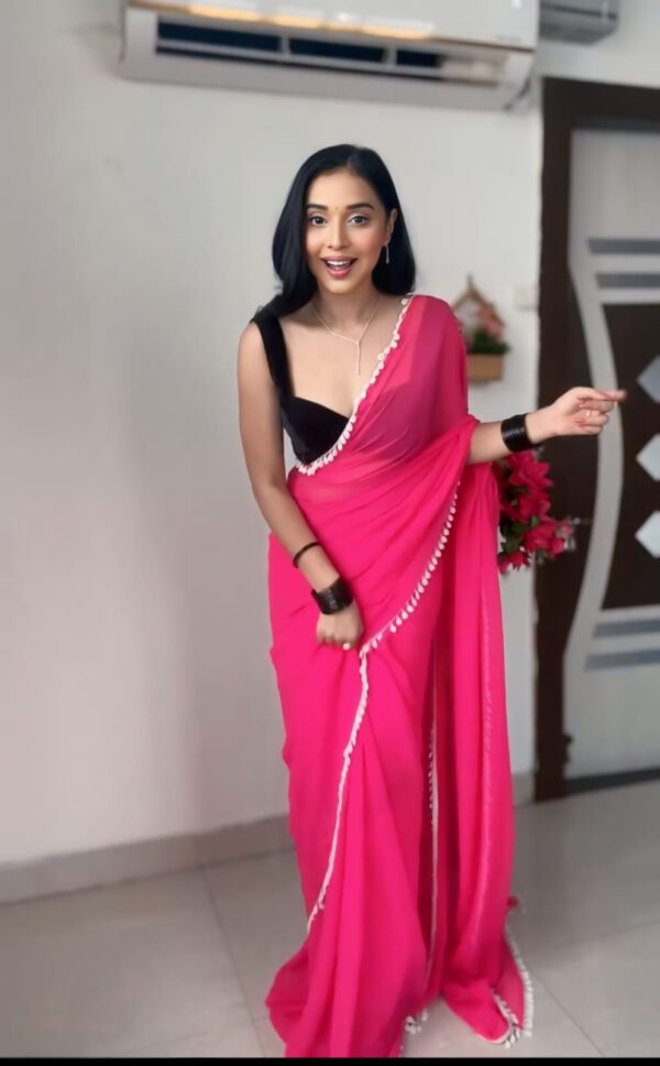 Hot Pink Color Border Solid Design Georgette Ready To Wear Saree With Unstitched Blouse - Image 5