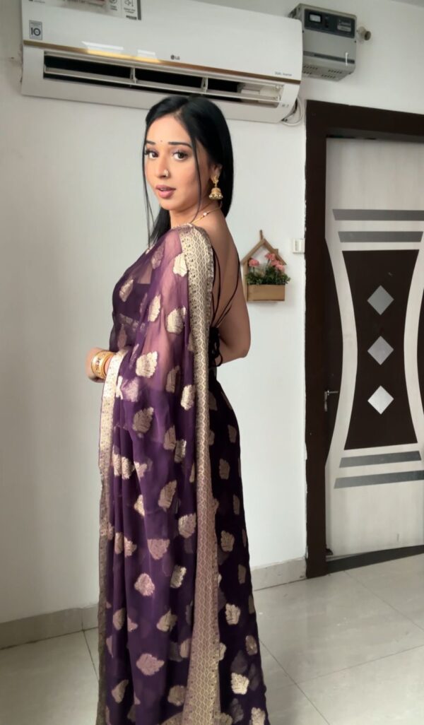 Deep Wine Color Golden Zari Woven Motifs Traditional Cotton Banarasi Ready To Wear Saree With Unstitched Blouse - Image 5