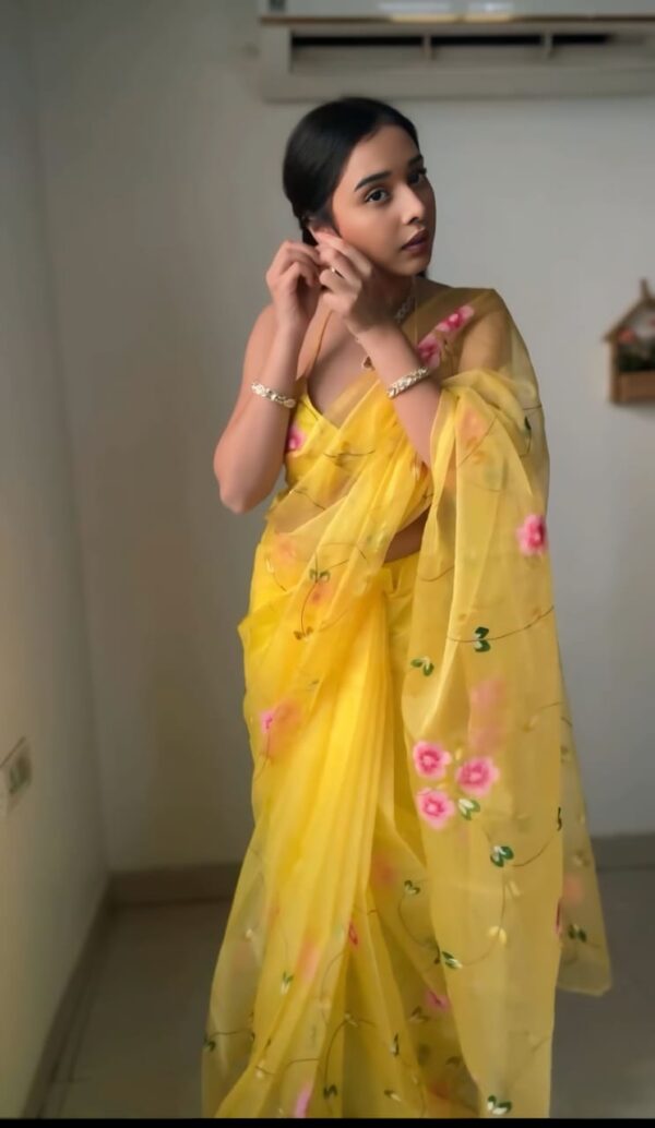 Yellow Color Floral Pink Floral Design Organza Ready To Wear Saree With Unstitched Blouse - Image 4